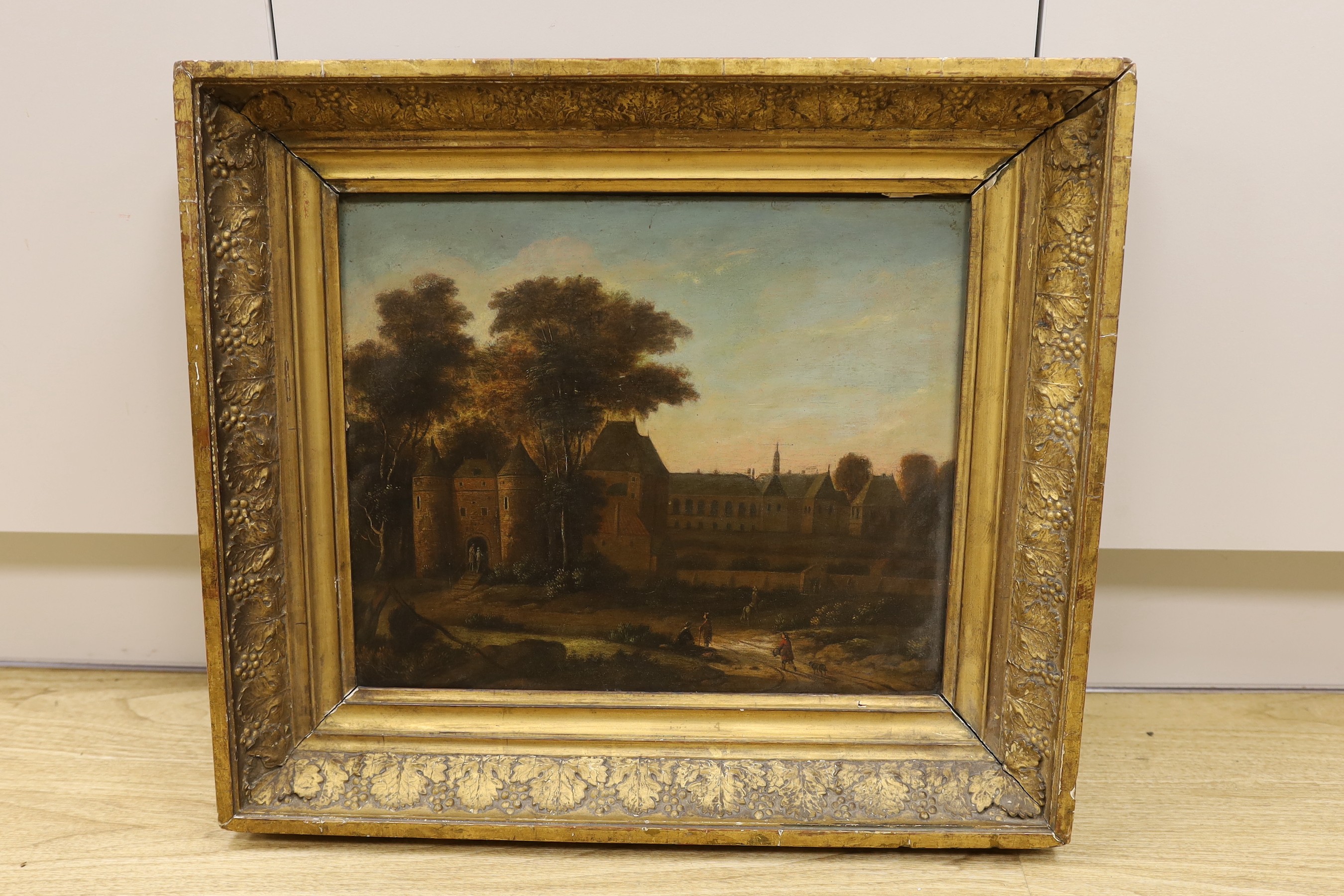 19th century Continental School, oil on wooden panel, View of a chateau, 35 x 41cm